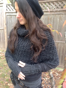 Knit slouchy hat, crochet caplet, wresters by Donna Cerame.